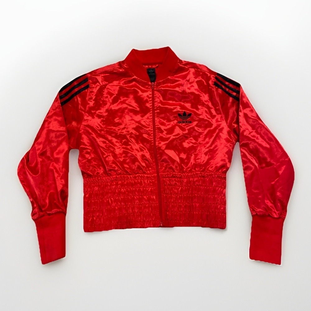 Vintage Adidas Satin Jacket‎ Womens M Track Cropped Red Y2k 90s Full Zip
